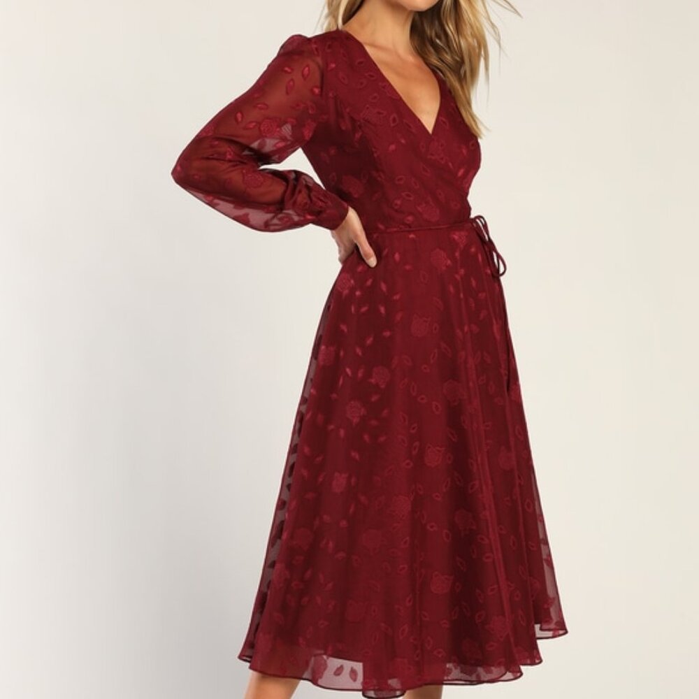 Lulus Evening Of Elegance Burgundy Floral Jacquard Wrap Midi Dress Red - Size S
